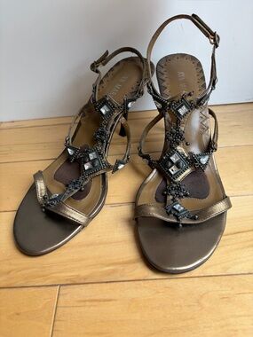 Ann Marino Bronze Embellished T-Strap Sandals